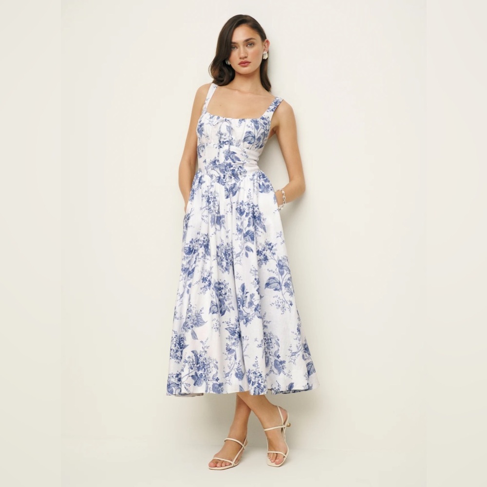 NWT Reformation Balia Midi Linen Dress in Lupine  Blue White Floral | size 2 - Picture 5 of 13